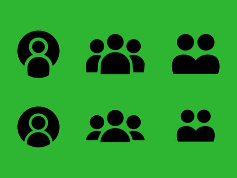 Set of user profile and group icons in outline and solid fill styles, representing single individuals and multiple people for digital interfaces and applications. 