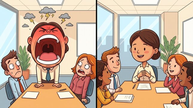 Split view cartoon of toxic vs healthy work environment showing an angry boss screaming at shocked employees and a calm female leader conducting a peaceful team meeting vector illustration