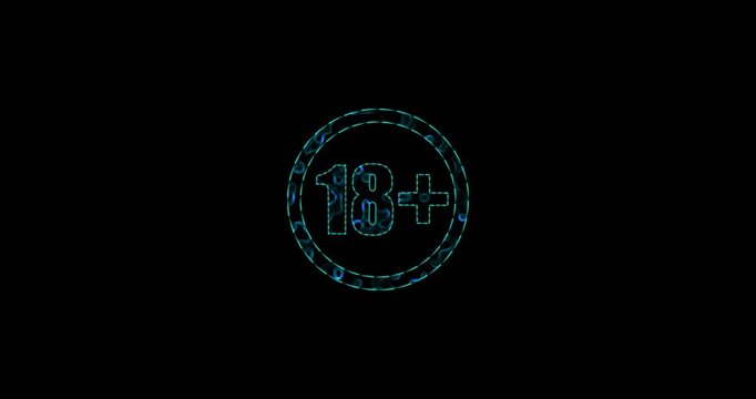 Neon glowing 18 plus icon video animation. 18 plus limit video animation. 18 plus warning symbol age limit under 18 circle shape warning symbol animation