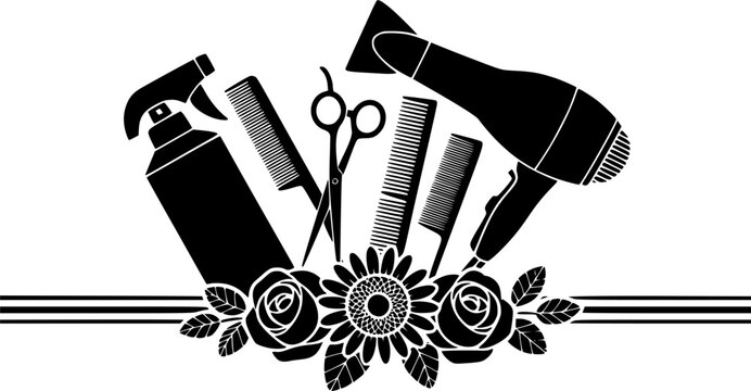 Hairdresser beauty salon monogram frame vector illustration featuring split text borders decorated with roses sunflower scissors combs hairdryer and spray bottle.