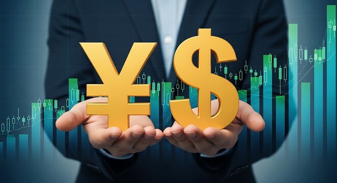Golden Yen and Dollar Symbols Held in Hands Against Stock Market Chart Background currency finance money