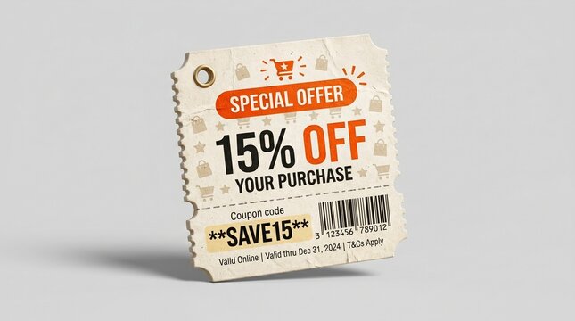 Discount coupon with fifteen percent off sale offer on white background isolated