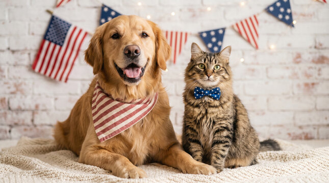 Golden Retriever dog and tabby cat sitting together in patriotic accessories.