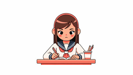 Fototapeta premium Cute Anime Girl Student Studying and Writing in Notebook at Desk