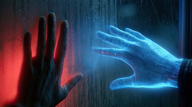 Two hands, one real and red, one digital and blue, touch through glass