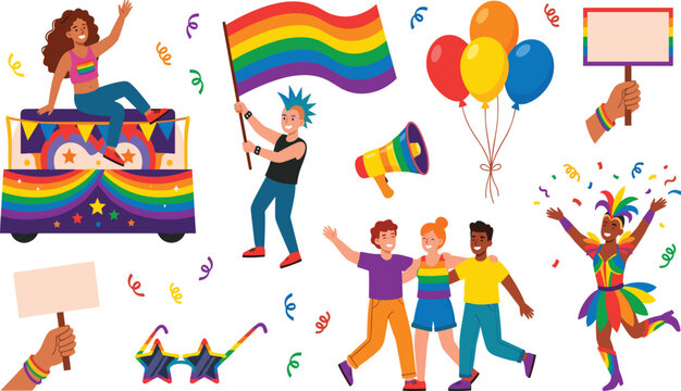 LGBT Pride Parade Festival Set with Float, Diverse People, Rainbow Flag, Balloons, and Celebration Accessories Collection