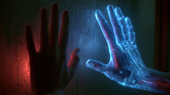 A human hand touches a glowing, mechanical hand across a textured surface