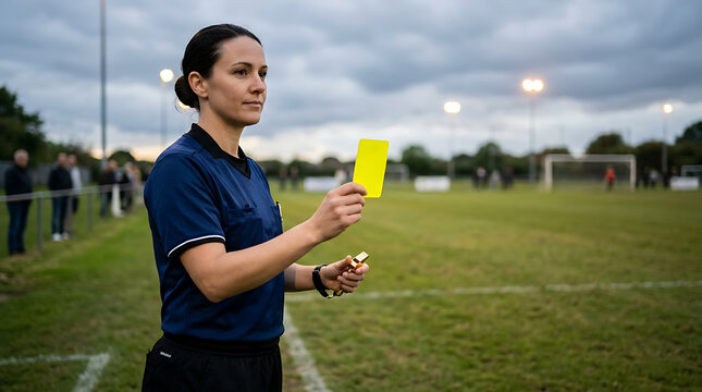 Female referee holding yellow card on soccer field at evening game