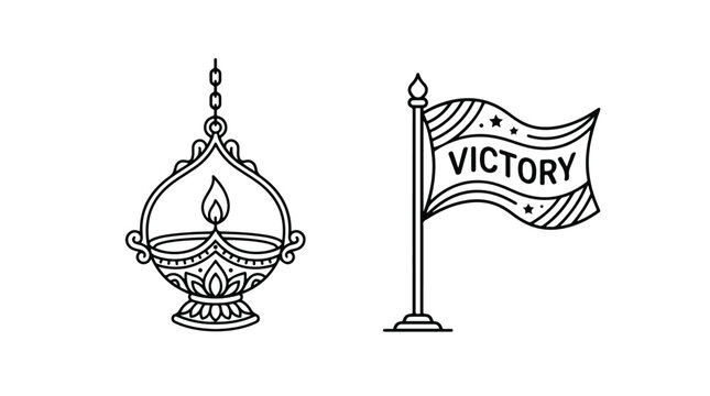 Elegant traditional oil lamp and victory flag symbolizing celebration and cultural heritage