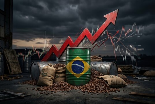 Red upward arrow chart rising over oil barrels and coffee sacks with brazil flag, brazilian commodity price hike inflation concept