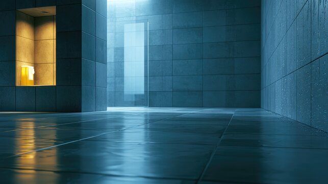 Modern, minimalist tiled room with glowing niche and reflective floor