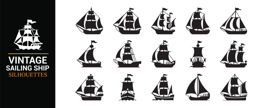 Black Sailing Ship Silhouettes Set Featuring Classic Ocean Vessels