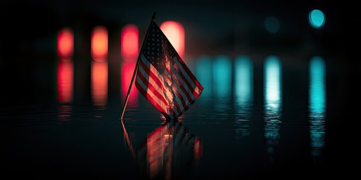 Flag reflection in dark water with blurred red and blue lights