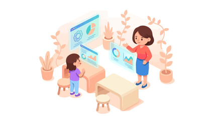 Obraz premium Isometric EdTech Illustration of Teacher and Student Interacting with Interactive Digital Data Charts