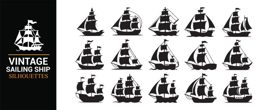 Vintage Sailing Ship Silhouette Collection with Classic Maritime Vessels
