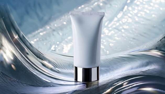 Tubo Bianco Di Crema Cosmetica Su Sfondo Metallico Lucido Con Onde Fluide Concetto Di Cura Della Pelle