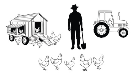 Farm Scene With Silhouette Of Farmer Tractor And Chicken Coop Silhouette © Jewel
