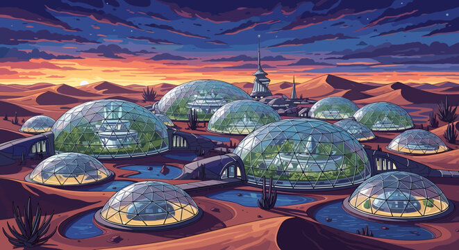 Futuristic city with glass biodomes on a desert alien planet at twilight. Sci-fi illustration symbolizing space colonization, exploration, and sustainable living.