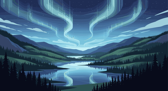 A magical vector illustration of the aurora borealis over a serene mountain valley. The northern lights reflect in a tranquil lake surrounded by a pine forest at night.