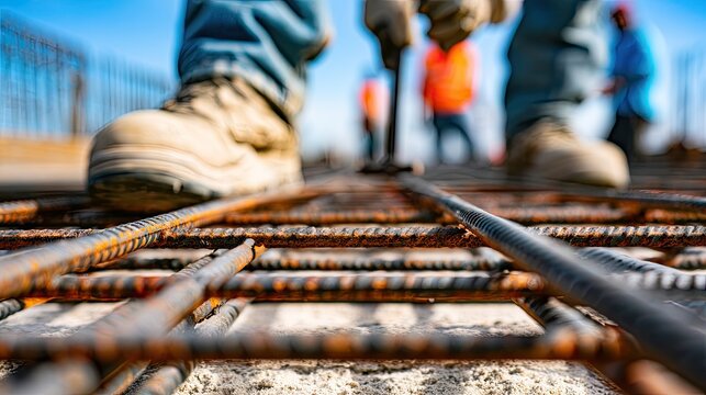 Closeup of reinforced steel bars on construction site, workers in distance