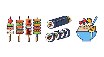 Cute cartoon illustration of Japanese food including yakitori skewers sushi rolls and sweet bingsu dessert bowl. © kabeh slamet