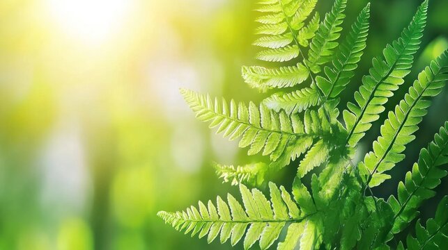 Vibrant fern leaves bathed in sunlight, soft focus, nature's beauty