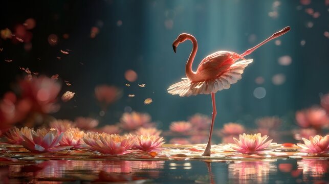 A pink flamingo poised in a ballet pose, floating on water filled with blooming lilies, with light rays shining down