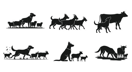 Fototapeta premium Farm animal silhouettes including dogs goats cows and birds black and white silhouette