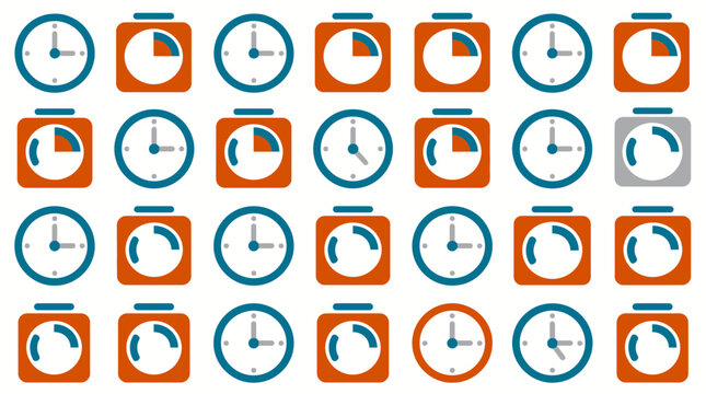 Seamless pattern of colorful wall clock and timer icons on white background.