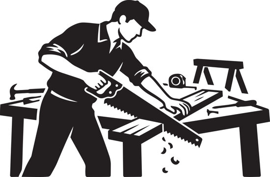 Man using handsaw on wood in workshop