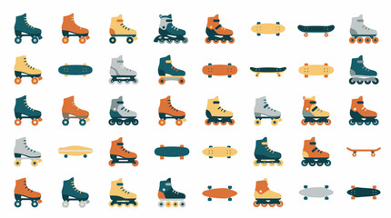 Fototapeta premium Pattern of vintage roller skates and skateboards in various colors.
