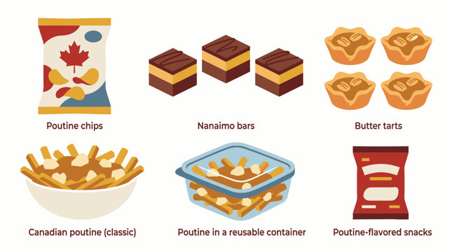 Poutine and traditional Canadian snacks icon set.