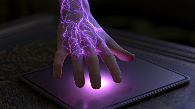 Electric energy crackles across a human hand touching a glowing device