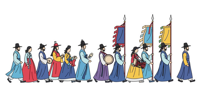 Traditional Korean procession illustration with people in colorful hanbok carrying flags and musical instruments.