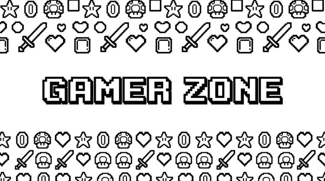 Gamer Zone Text With Pixel Art Gaming Elements Pattern.