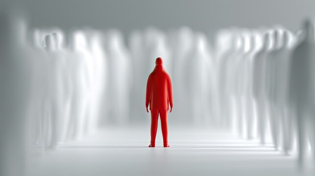 One bold red figure stands out amidst a blurry, white, indistinct crowd
