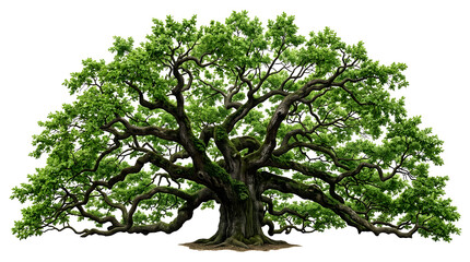 Fototapeta premium Majestic old oak tree with spreading branches and lush green foliage isolated on white background