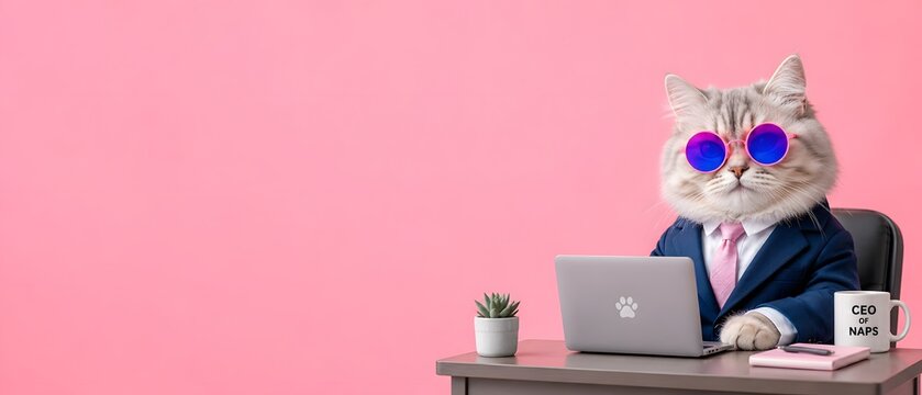Funny cat boss in business suit and sunglasses working on laptop at desk with copy space
