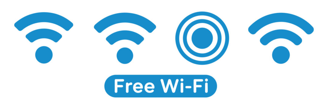 Free Wi-Fi icon set featuring wireless connection, Wi-Fi point, and network signal symbols for internet access and connectivity concepts.