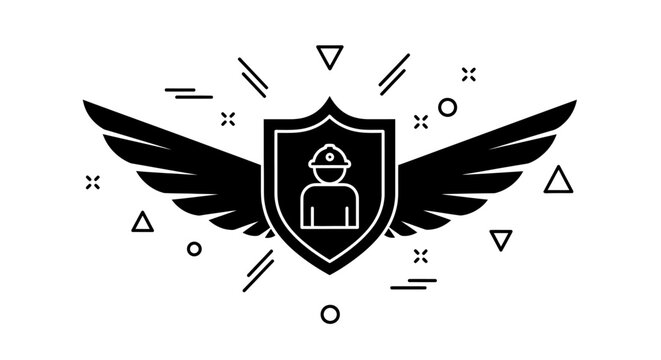 Shield emblem with wings and a construction worker icon.