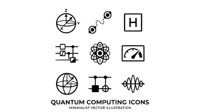 Quantum computing icons illustrate technology concepts with circuit and qubit graphics