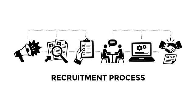 Recruitment process icons illustrate hiring steps on white background