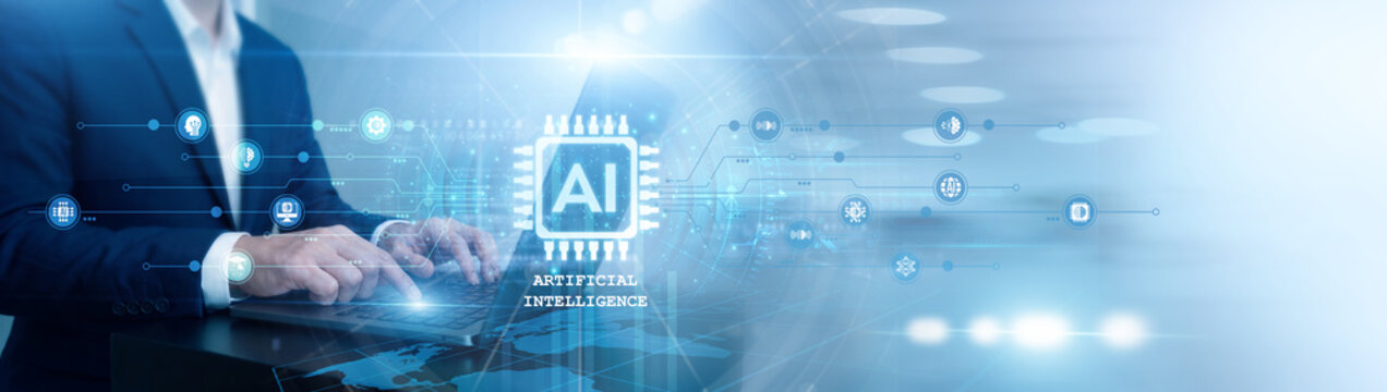 AI researcher working on laptop. Artificial Intelligence model training. Specialist developing neural networks and automated learning systems. Future machine intelligence and smart automation.