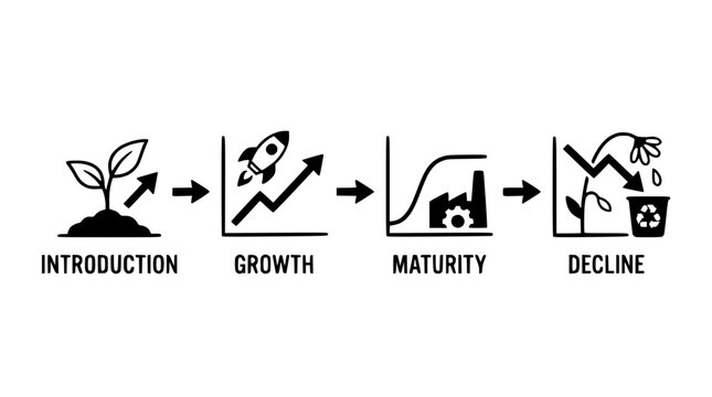 Product roadmap icons illustrate business growth stages with plant, rocket, building, and decline symbols