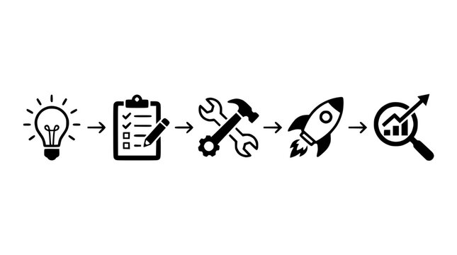 Product roadmap icons illustrate business planning and strategy execution