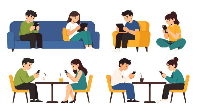 People sitting and using smartphones and tablets in flat style