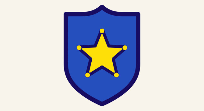 A stylized police badge illustration featuring a blue shield and a yellow star.