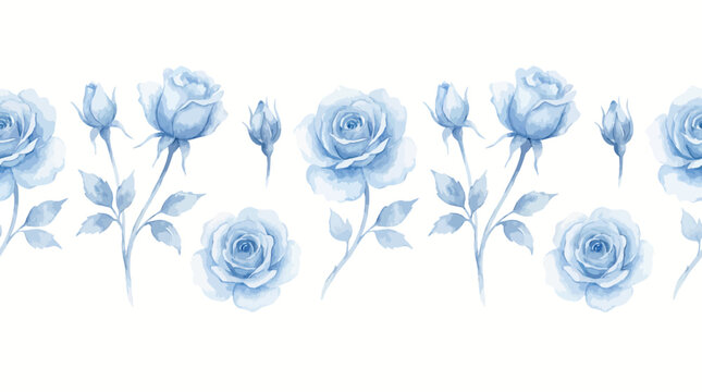 Blue watercolor rose border pattern along the top, delicate floral strip for invitations, designs and stationery