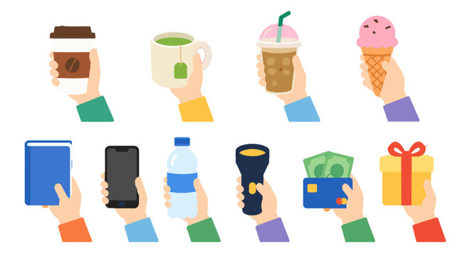 Flat vector set of hands holding everyday objects and items