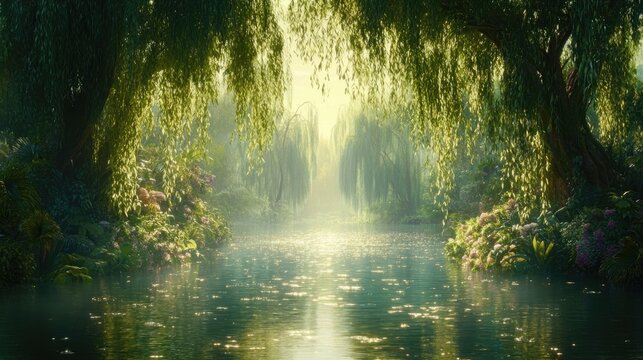 Tranquil river path through lush greenery. Sunlight streams through willow trees casting dappled light on the water